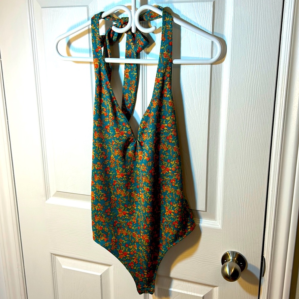 Free People Teal Floral Halter Bodysuit with Orange Accents